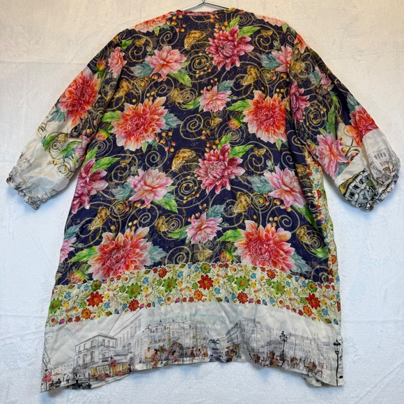 Johnny Was Silk Butterfly Cityscape Tunic Blouse XL Boho Embroidered Split Neck - Picture 6 of 7